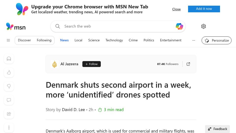 Screenshot of msn.com: Denmark shuts multiple airports, more unidentified drones spotted