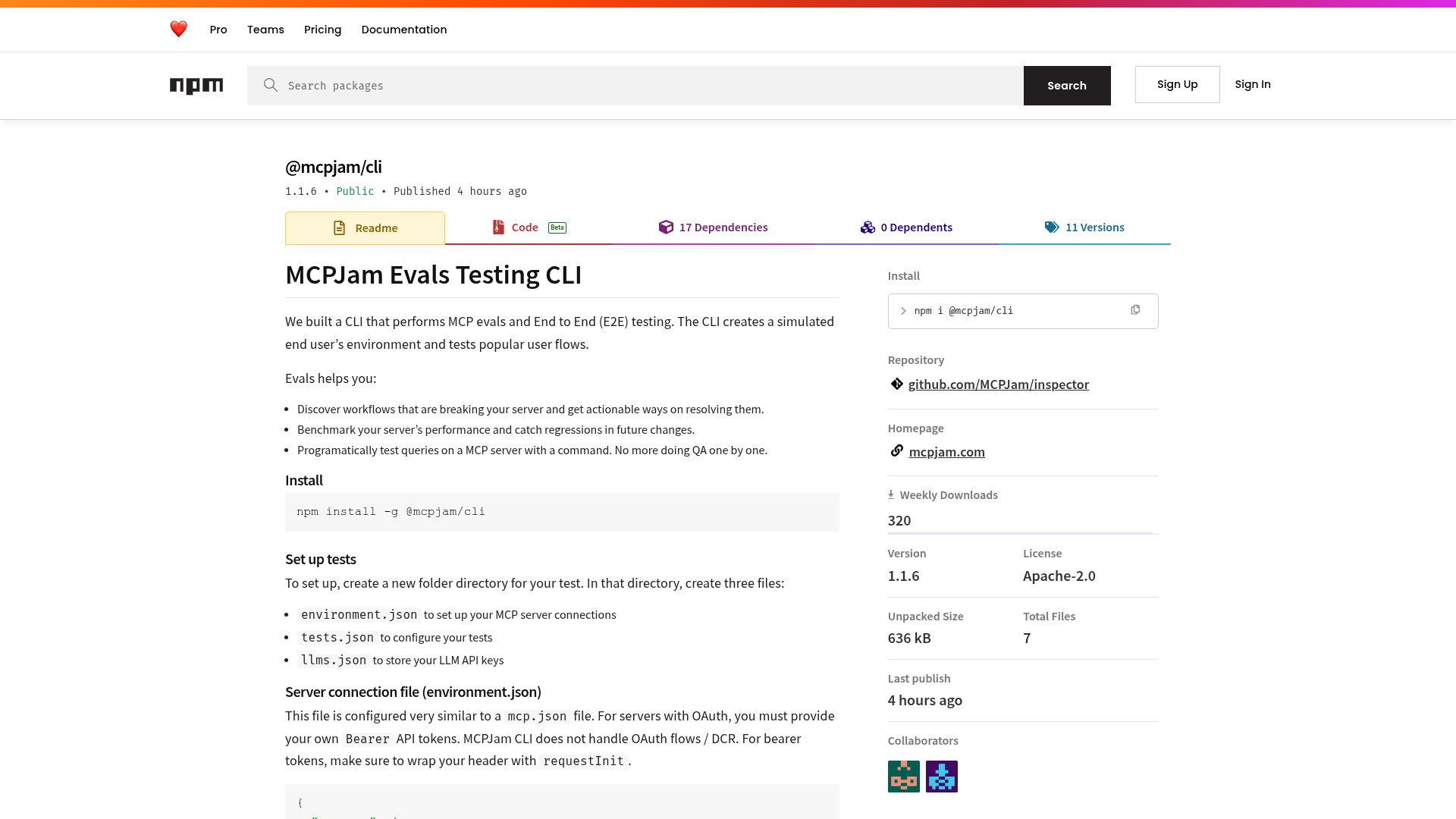 Screenshot of npmjs.com: I built a CLI to test and eval MCP servers