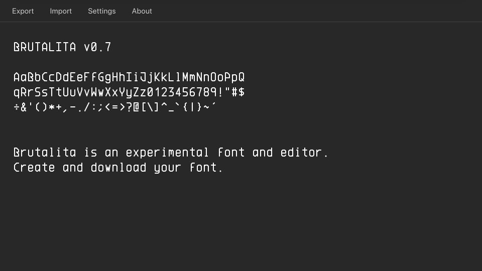 Screenshot of brutalita.com: Brutalita Sans: An Experimental Font and Font Editor