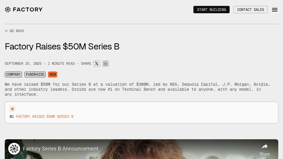 Screenshot of factory.ai: Factory Raises $50M Series B