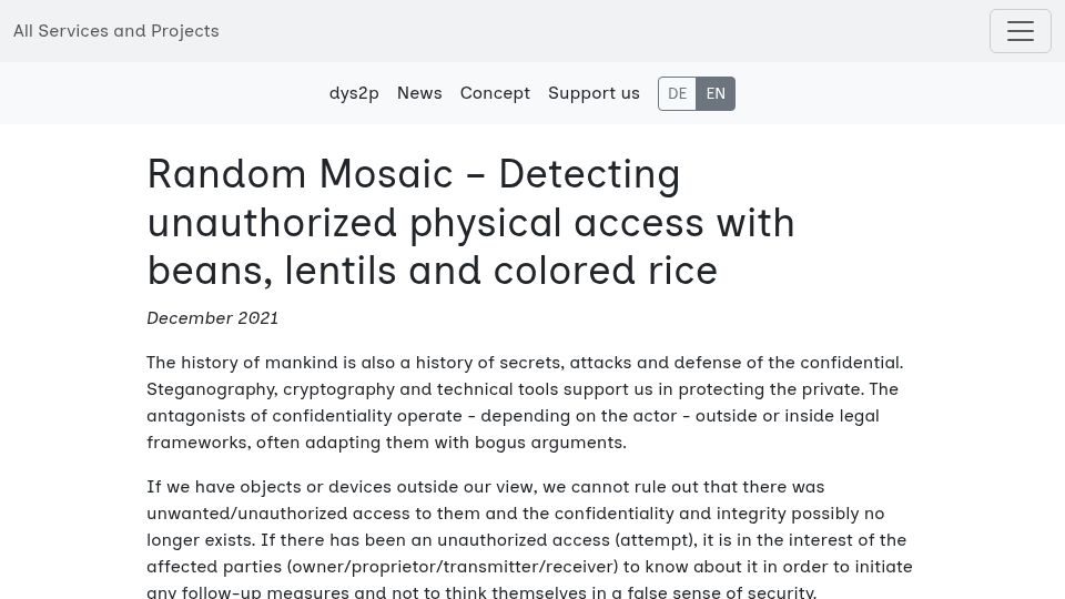 Screenshot of dys2p.com: Random Mosaic – Detecting unauthorized physical access with colored rice (2021)