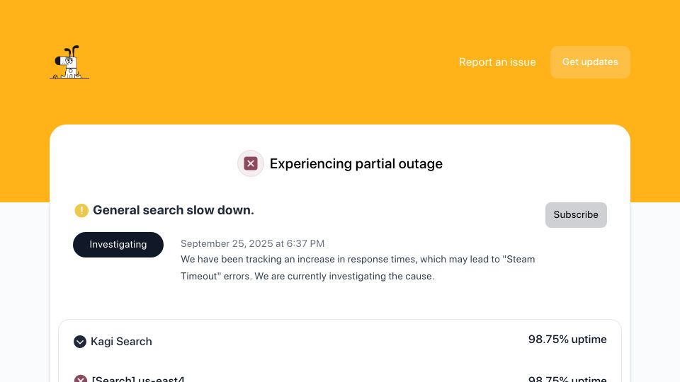 Screenshot of status.kagi.com: Kagi Search Down
