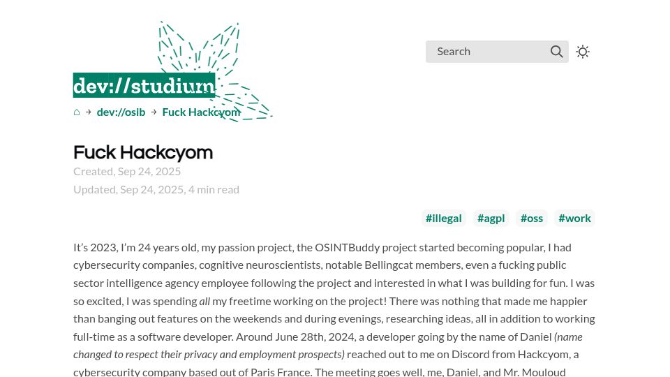 Screenshot of studium.dev: Fuck Hackcyom
