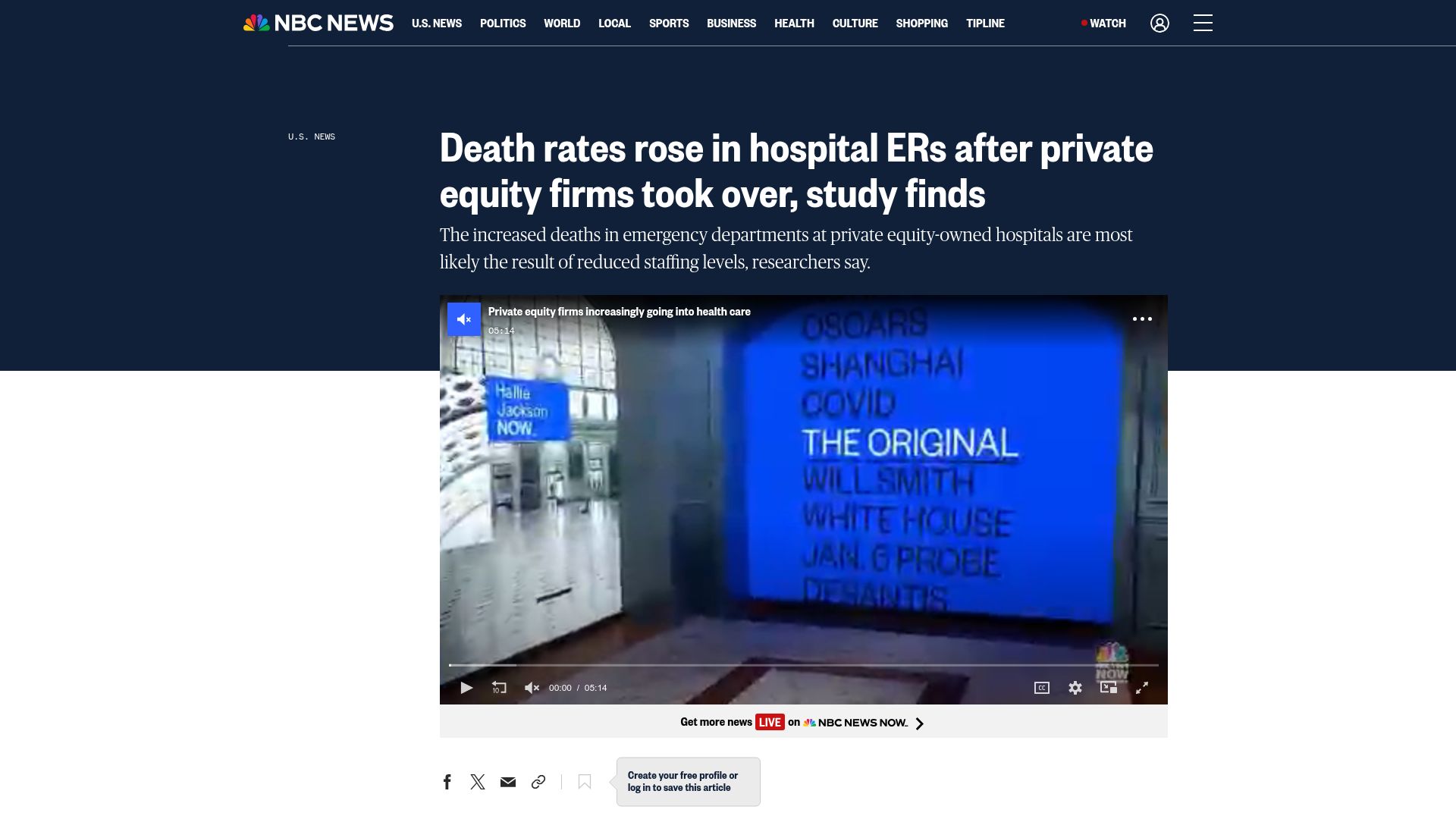 Screenshot of nbcnews.com: Death rates rose in hospital ERs after private equity firms took over