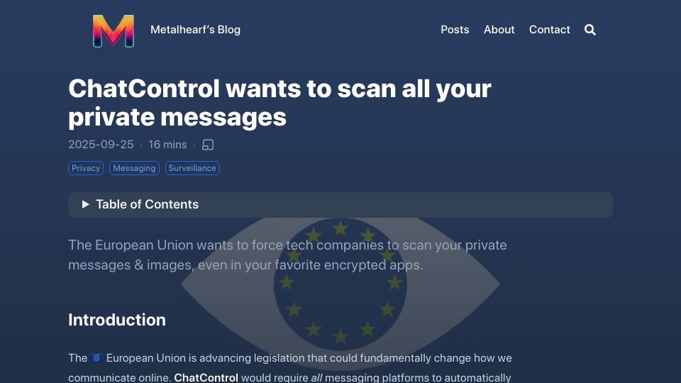 Screenshot of metalhearf.fr: ChatControl: EU wants to scan all private messages, even in encrypted apps