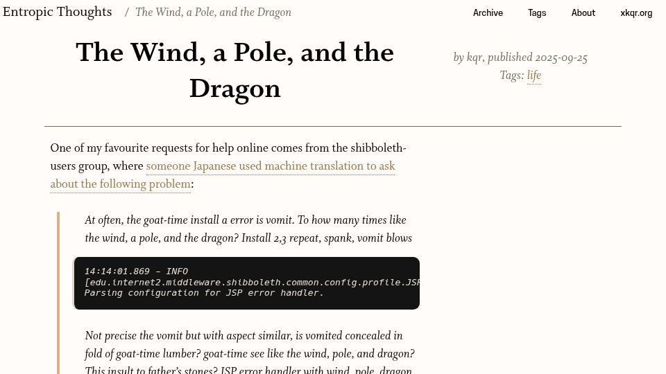 Screenshot of entropicthoughts.com: The Wind, a Pole, and the Dragon