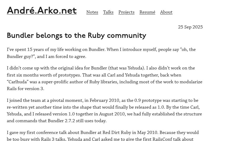 Screenshot of andre.arko.net: Bundler Belongs to the Ruby Community