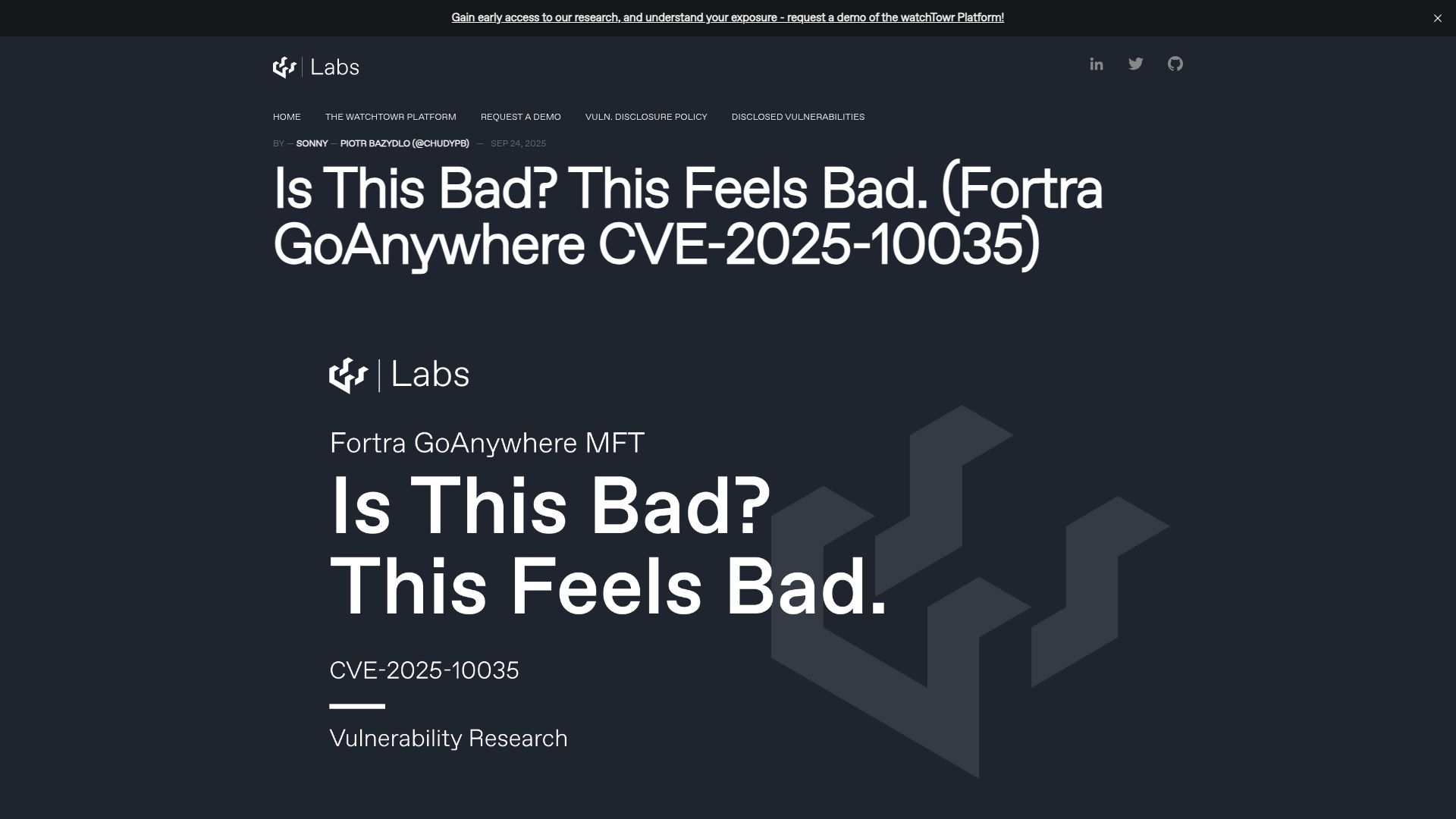 Screenshot of labs.watchtowr.com: Is This Bad? This Feels Bad. (Fortra GoAnywhere CVE-2025-10035)