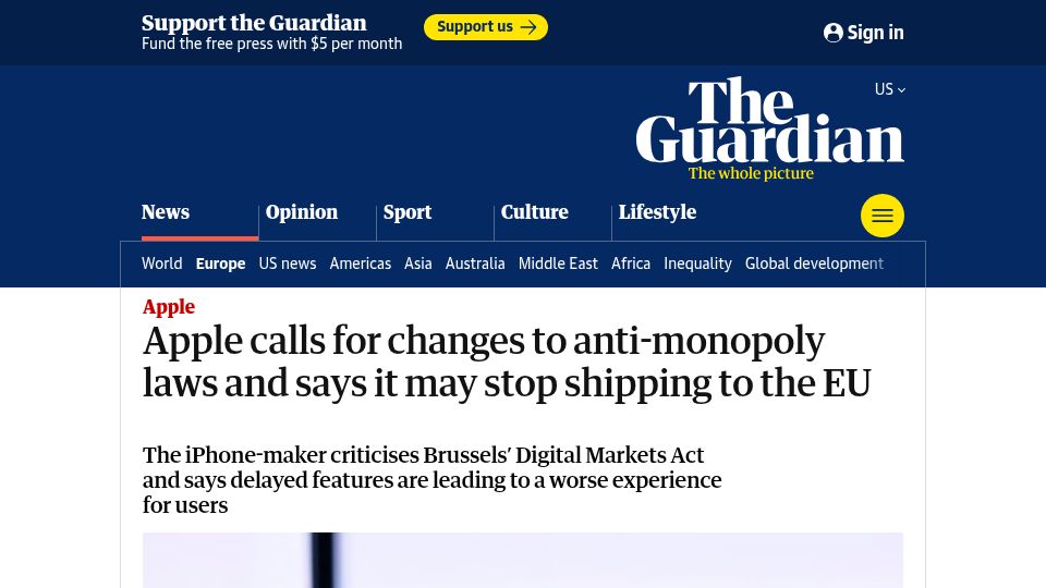 Screenshot of theguardian.com: Apple says it may stop shipping to the EU