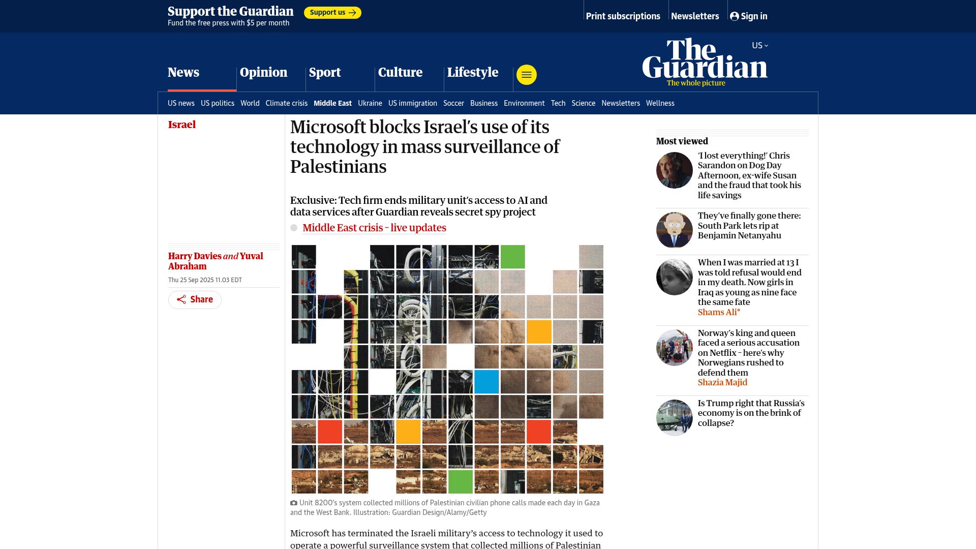 Screenshot of theguardian.com: Microsoft blocks Israel’s use of its tech in mass surveillance of Palestinians