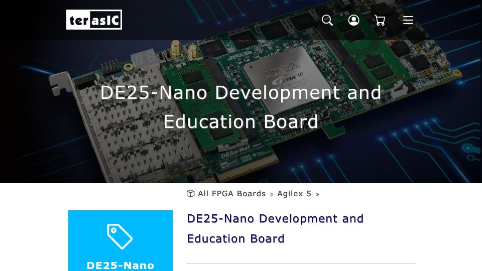 Screenshot of terasic.com.tw: DE25-Nano FPGA Development and Education Board with ARM HPS and 2GB RAM