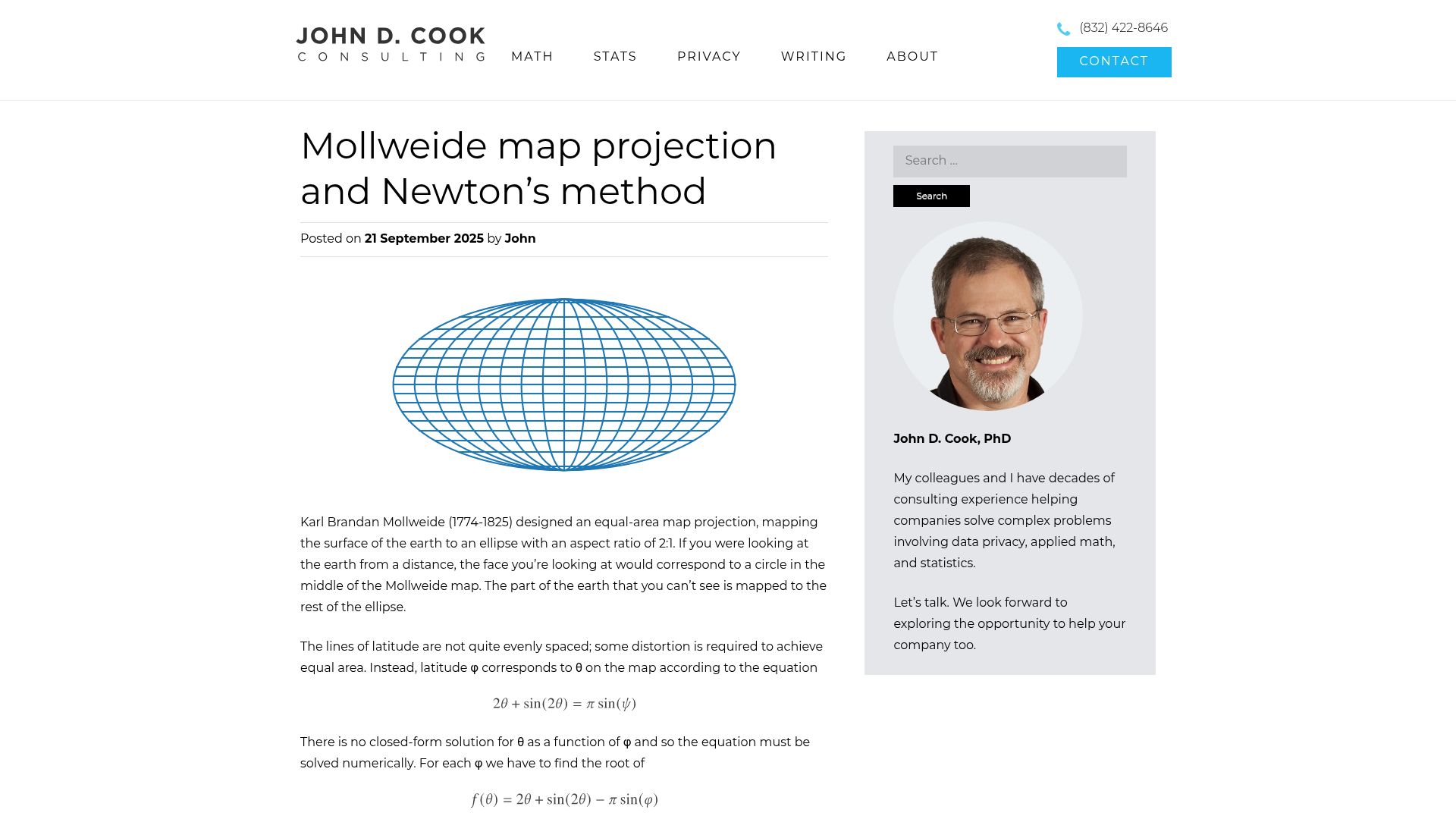 Screenshot of johndcook.com: Mollweide map projection and Newton's method