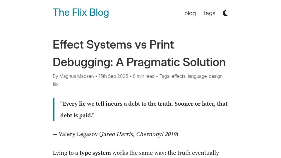 Screenshot of blog.flix.dev: Effect Systems vs. Print Debugging: A Pragmatic Solution