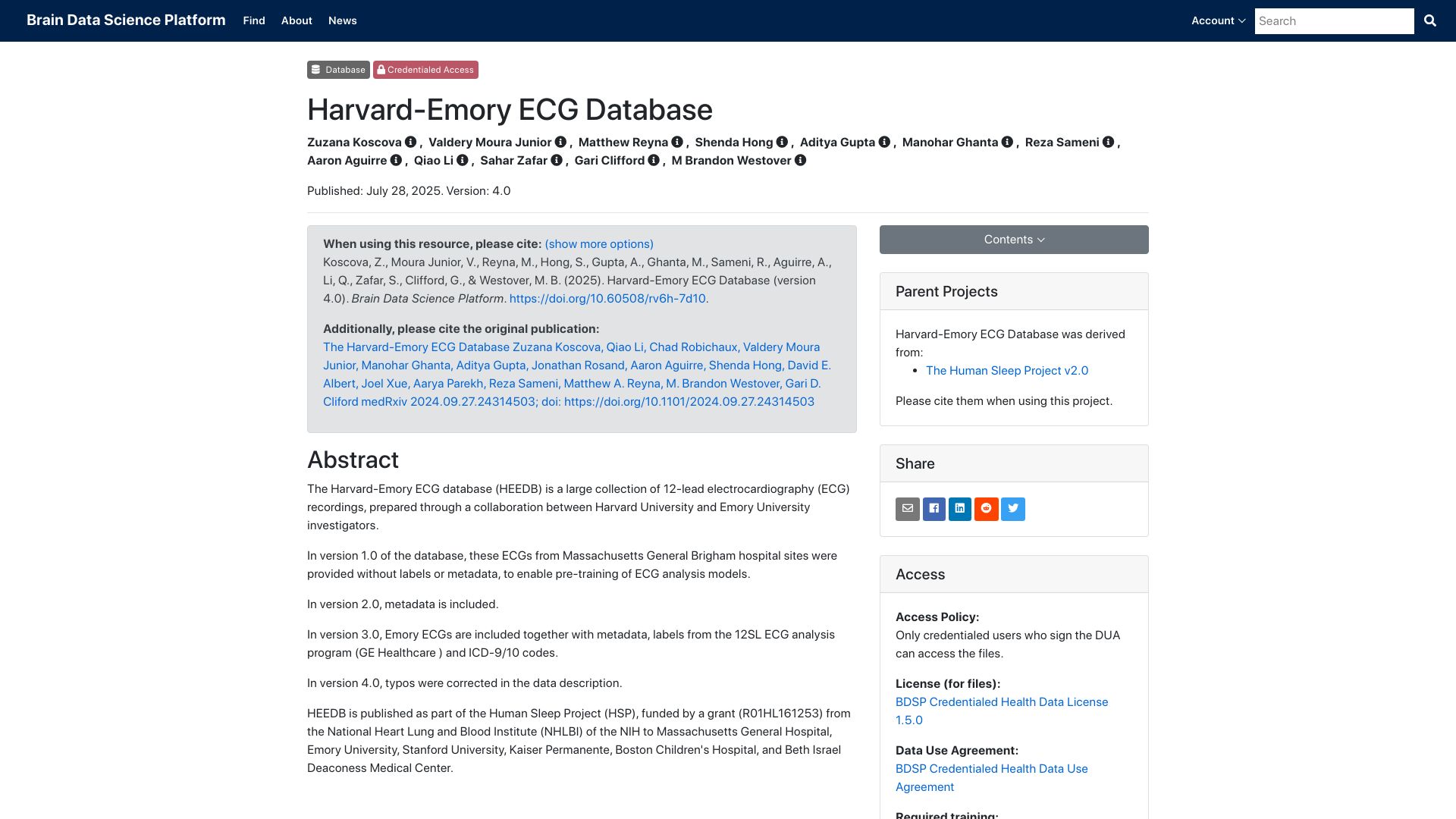 Screenshot of bdsp.io: The Harvard-Emory ECG Database