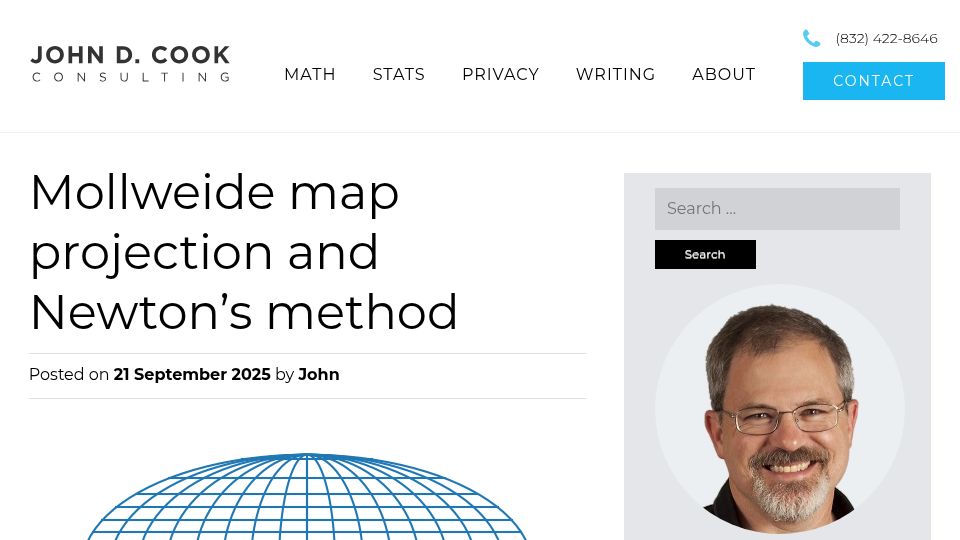 Screenshot of johndcook.com: Mollweide map projection and Newton's method