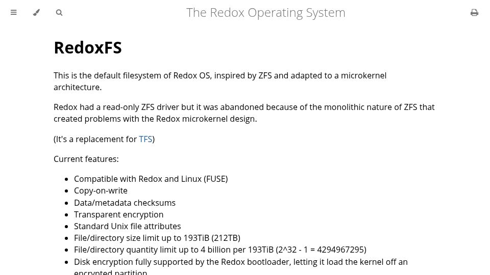 Screenshot of doc.redox-os.org: RedoxFS is the default filesystem of Redox OS, inspired by ZFS
