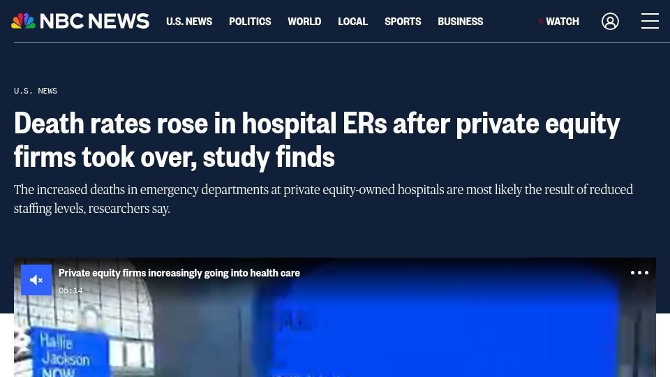 Screenshot of nbcnews.com: Death rates rose in hospital ERs after private equity firms took over