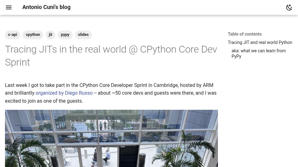 Screenshot of antocuni.eu: Tracing JITs in the Real World CPython Core Dev Sprint