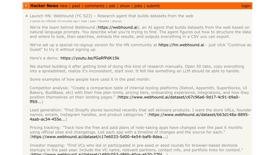 Screenshot of Hacker News post: Launch HN: Webhound (YC S23) – Research agent that builds datasets from the web
