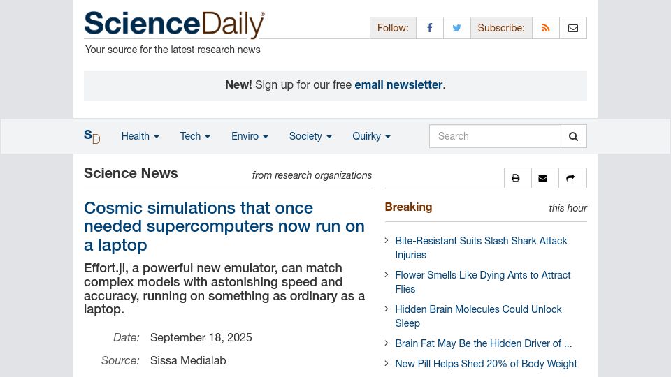 Screenshot of sciencedaily.com: Cosmic simulations that once needed supercomputers now run on a laptop