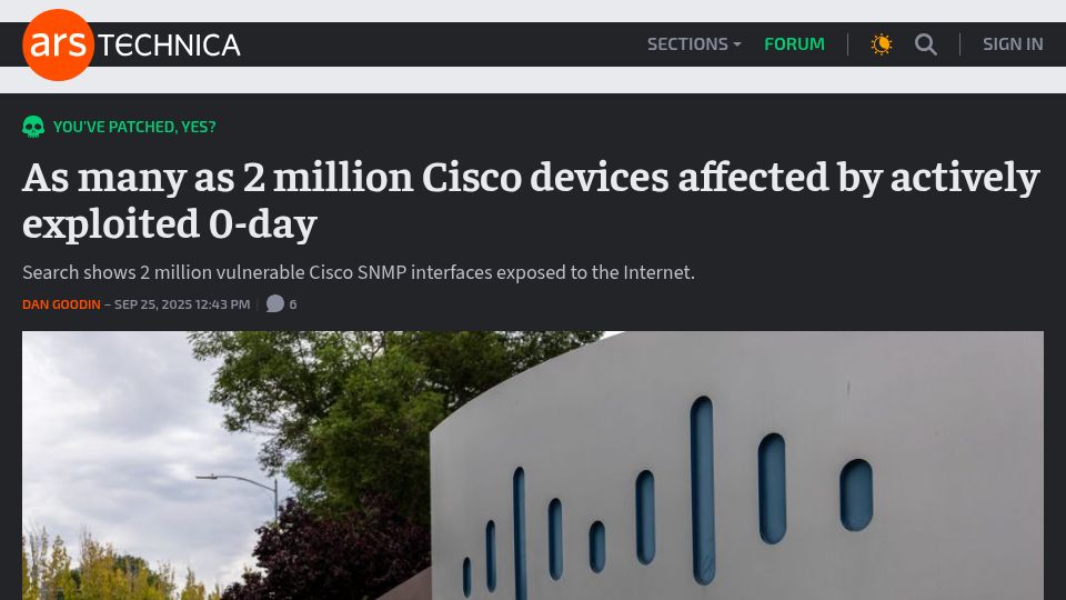 Screenshot of arstechnica.com: As many as 2M Cisco devices affected by actively exploited 0-day