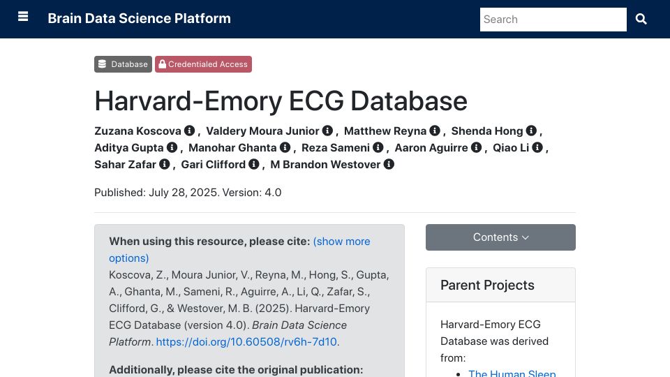 Screenshot of bdsp.io: The Harvard-Emory ECG Database