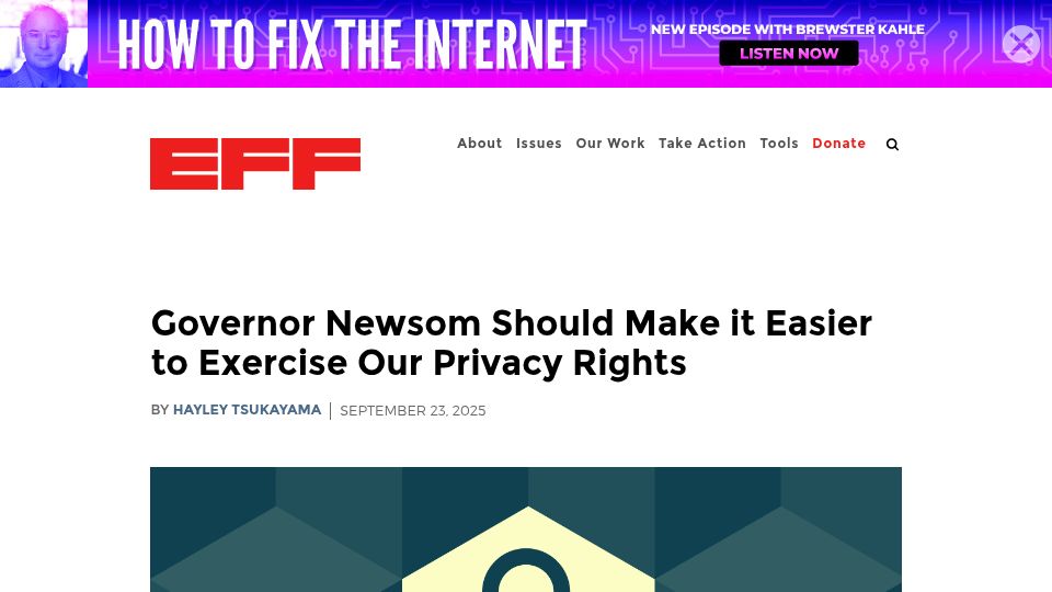 Screenshot of eff.org: Governor Newsom Should Make It Easier to Exercise Our Privacy Rights