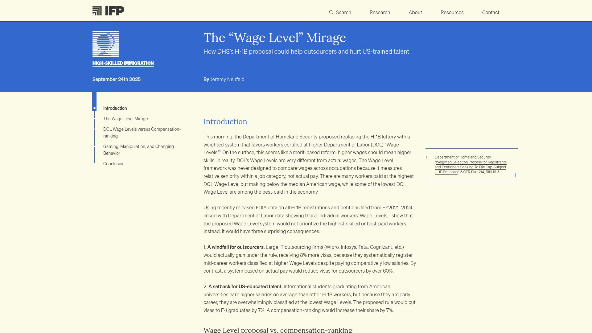 Screenshot of ifp.org: The "Wage Level" Mirage: H-1B proposal could help outsourcers and hurt US talent