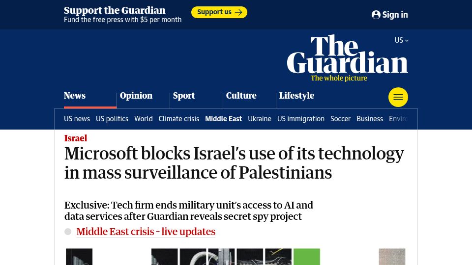 Screenshot of theguardian.com: Microsoft blocks Israel’s use of its tech in mass surveillance of Palestinians