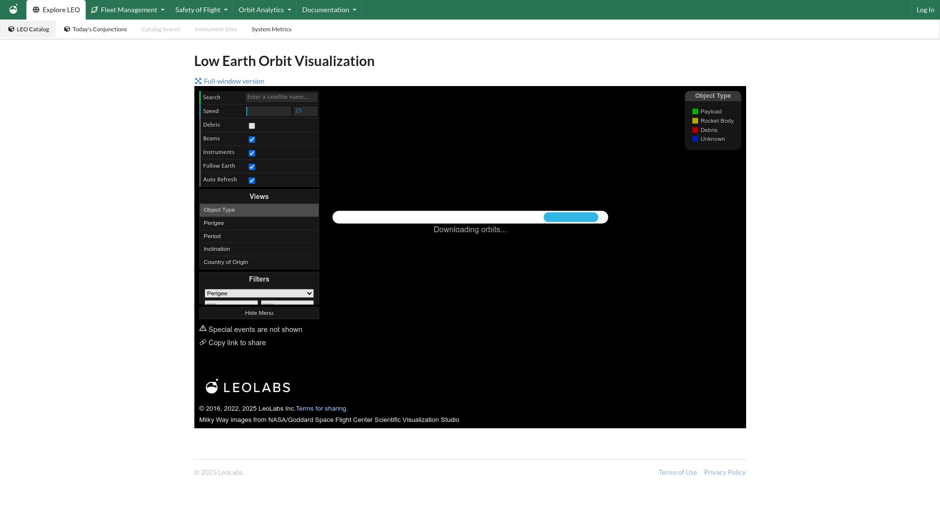 Screenshot of platform.leolabs.space: Low Earth Orbit Visualization