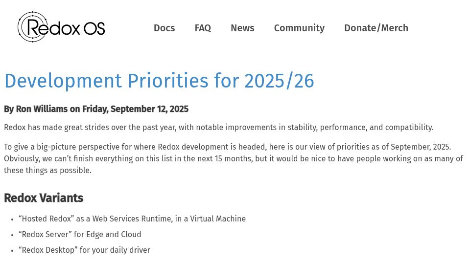 Screenshot of redox-os.org: Redox OS Development Priorities for 2025/26