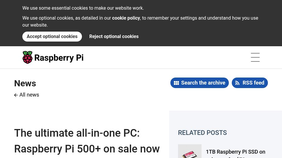 Screenshot of raspberrypi.com: Raspberry Pi 500+