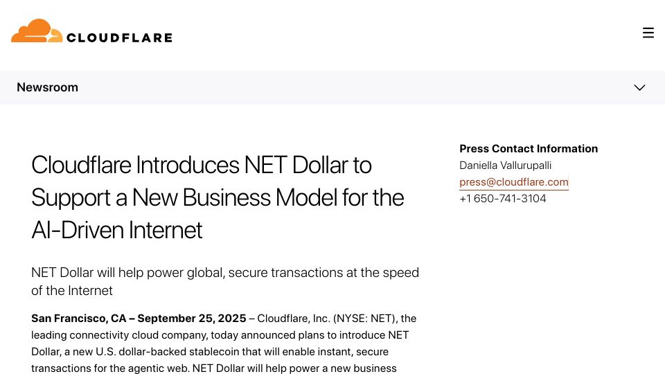 Screenshot of cloudflare.com: Cloudflare Introduces Net Dollar