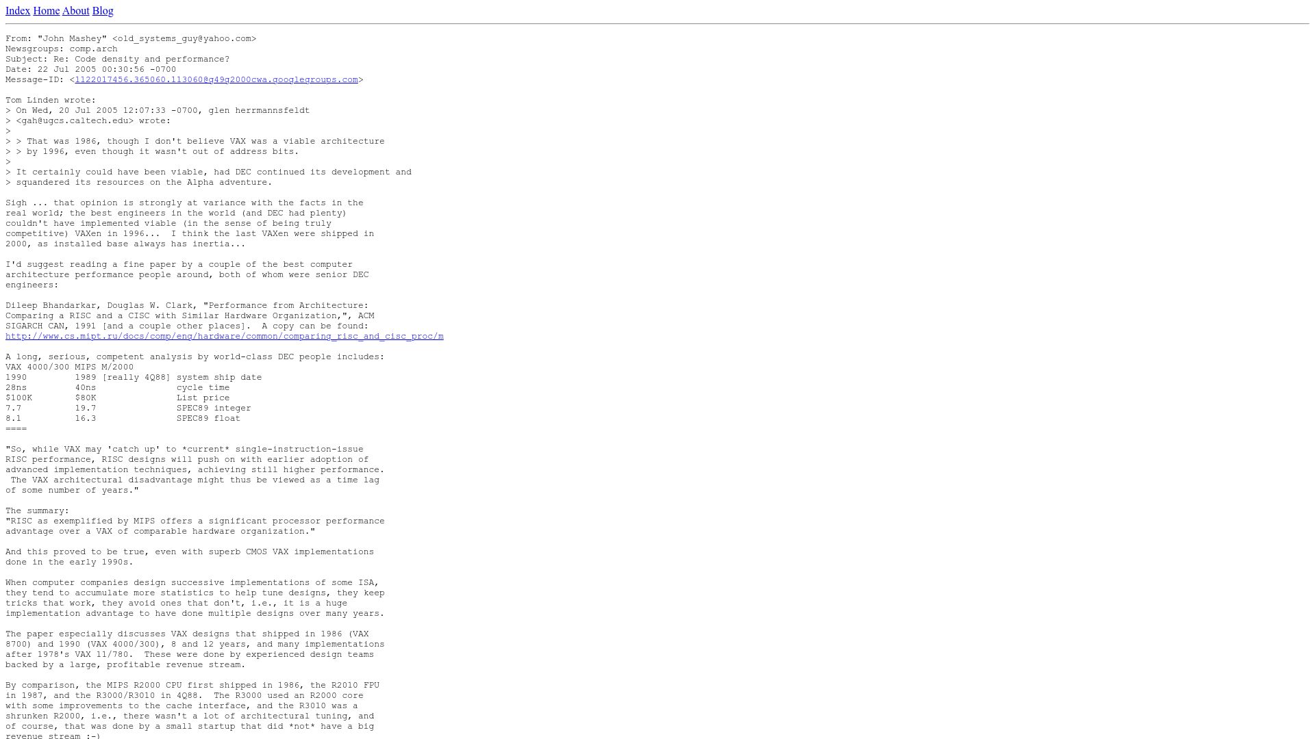 Screenshot of yarchive.net: The VAX (John Mashey, 2005)