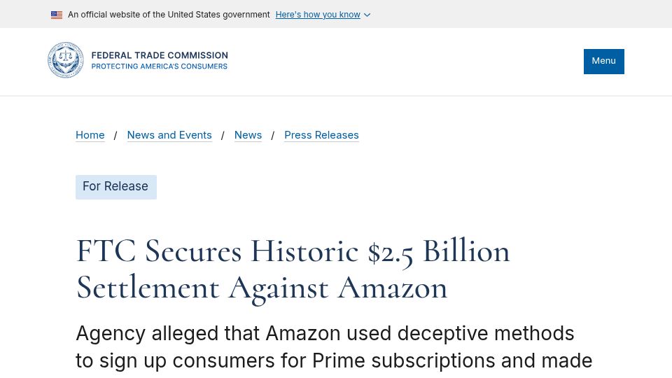 Screenshot of ftc.gov: Amazon fined $2.5B for using deceptive methods to sign up consumers for Prime