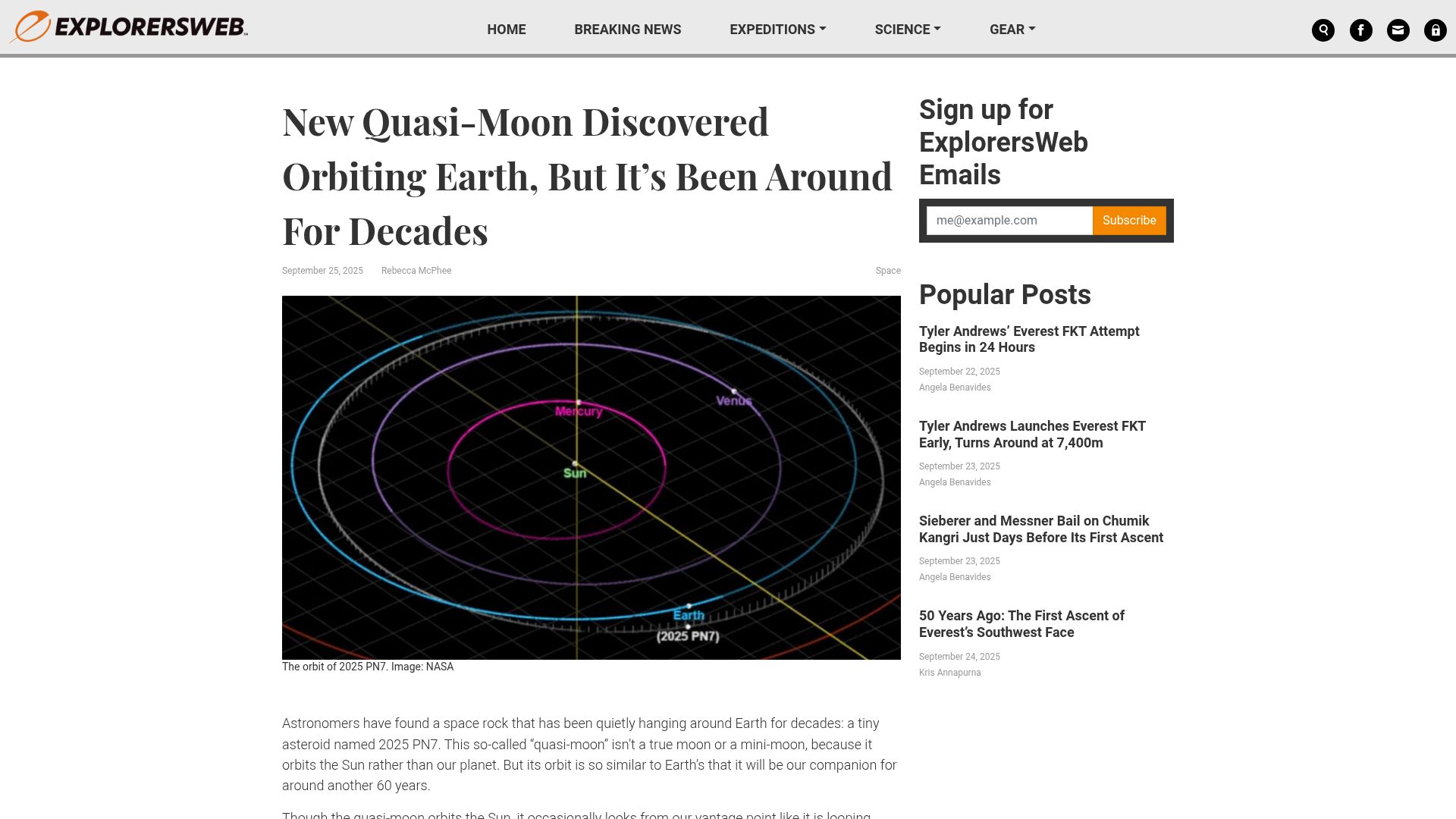 Screenshot of explorersweb.com: New Quasi-Moon Discovered Orbiting Earth, but It's Been Around for Decades