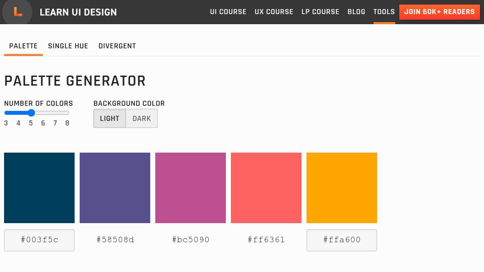 Screenshot of learnui.design: Data Viz Color Palette Generator (For Charts and Dashboards)