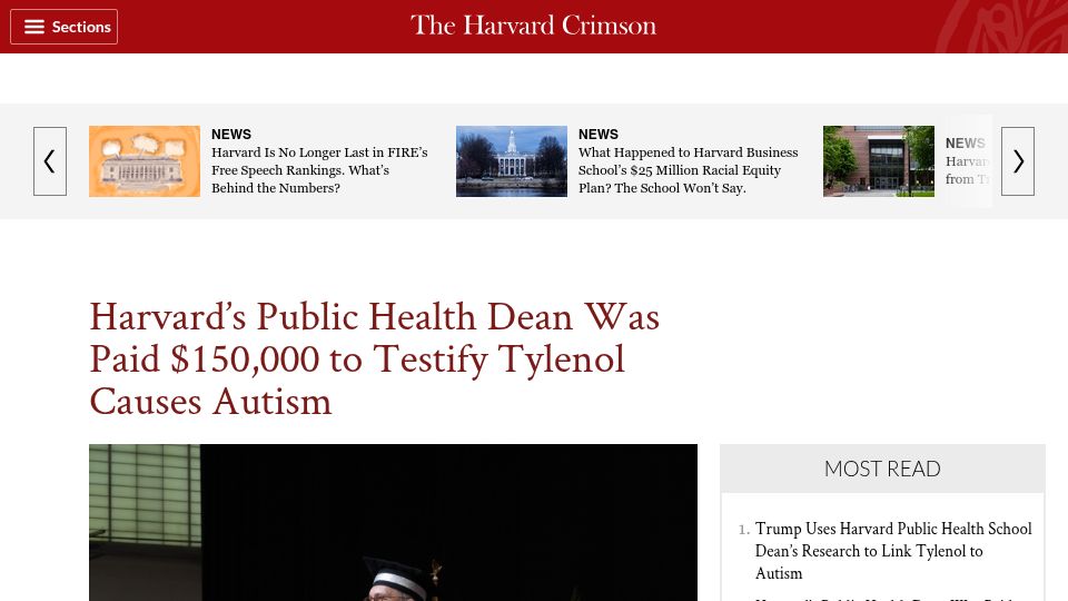 Screenshot of thecrimson.com: Harvard's Public Health Dean Was Paid $150k to Testify Tylenol Causes Autism