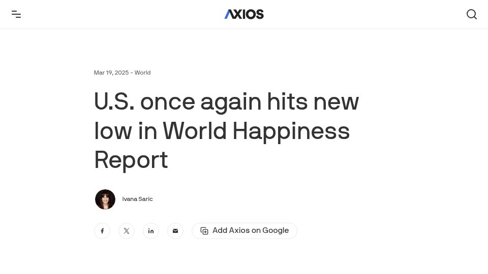 Screenshot of axios.com: U.S. once again hits new low in World Happiness Report