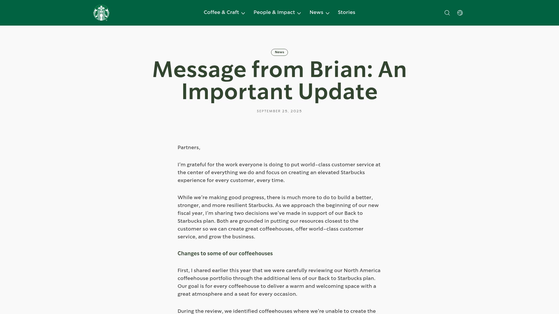 Screenshot of about.starbucks.com: Starbucks: Location closures and elimination of roles