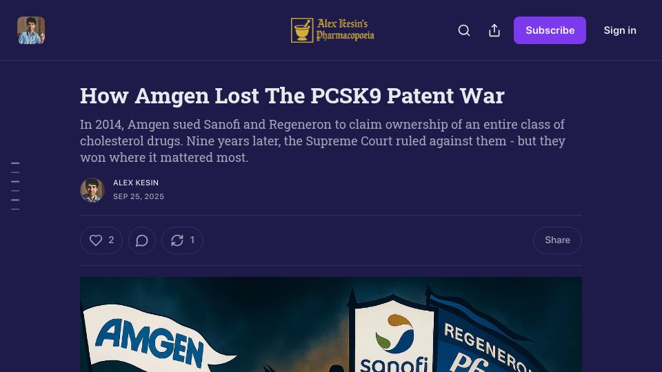 Screenshot of alexkesin.com: How Amgen Lost the PCSK9 Patent War