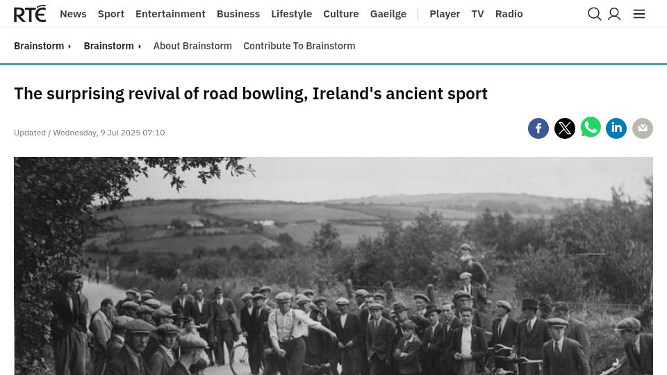 Screenshot of rte.ie: The surprising revival of road bowling, Ireland's ancient sport