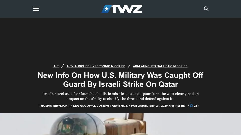 Screenshot of twz.com: U.S. Military Was Caught Off Guard by Israeli Strike on Qatar