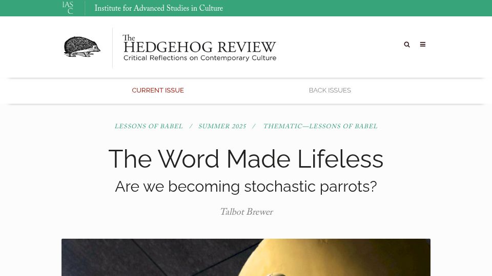 Screenshot of hedgehogreview.com: The Word Made Lifeless. Are we becoming stochastic parrots?