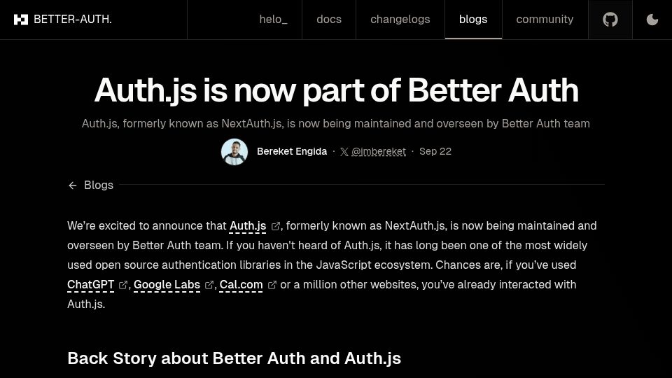 Screenshot of better-auth.com: Auth.js is now part of Better Auth