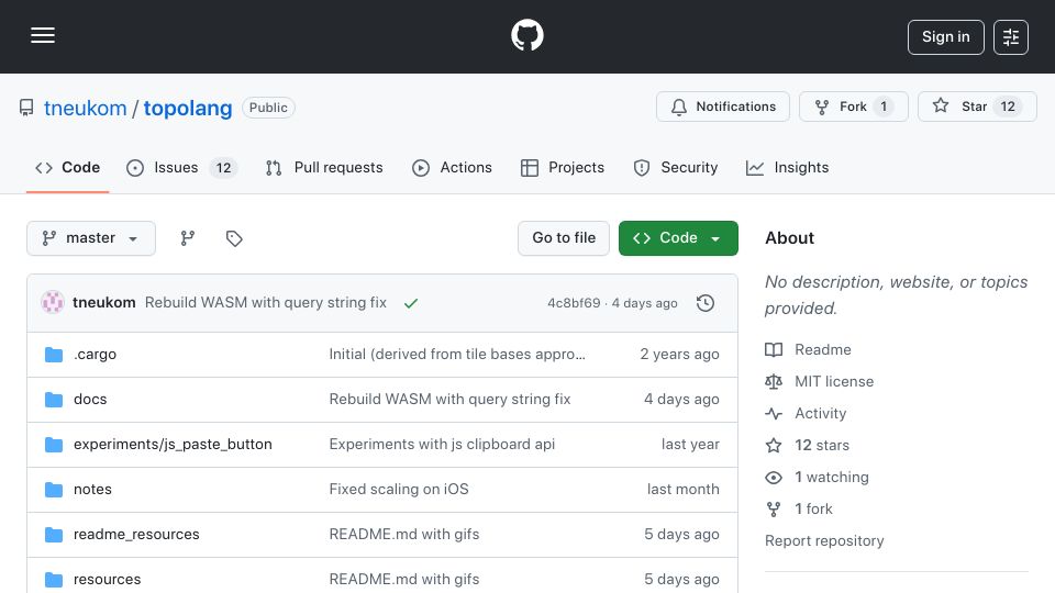 Screenshot of github.com: TopoLang: An Esolang Based on Topological Pattern Matching