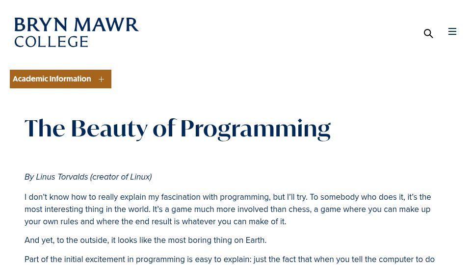 Screenshot of brynmawr.edu: The Beauty of Programming (2001)