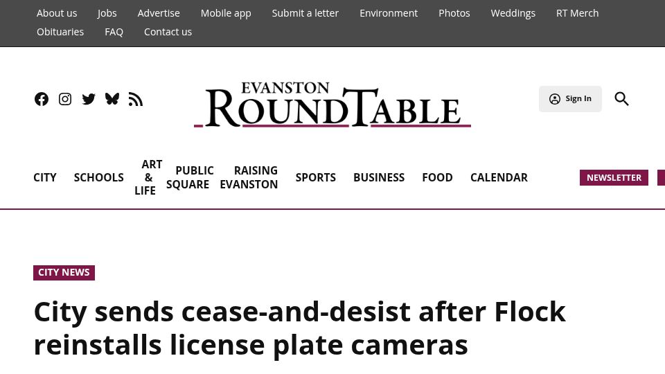 Screenshot of evanstonroundtable.com: Evanston orders Flock to remove reinstalled cameras