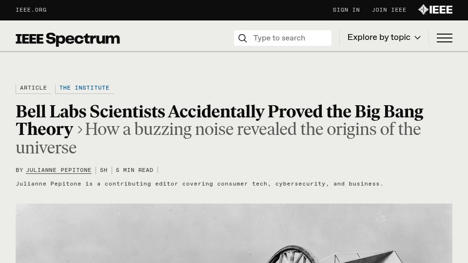 Screenshot of spectrum.ieee.org: Bell Labs Scientists Accidentally Proved the Big Bang Theory
