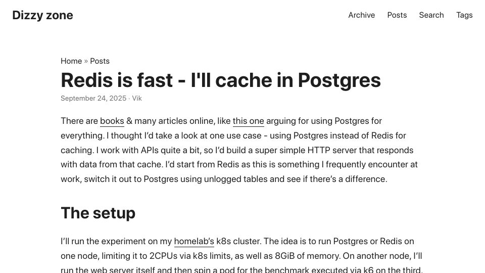 Screenshot of dizzy.zone: Redis is fast – I'll cache in Postgres
